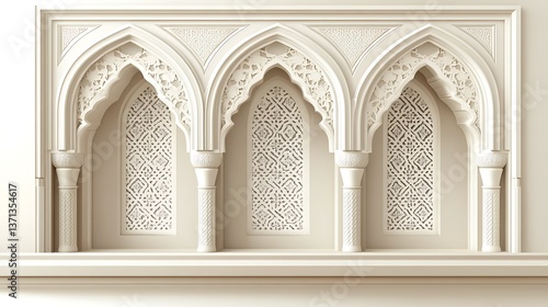 Three ornamented architectural arches with decorative columns and pattern