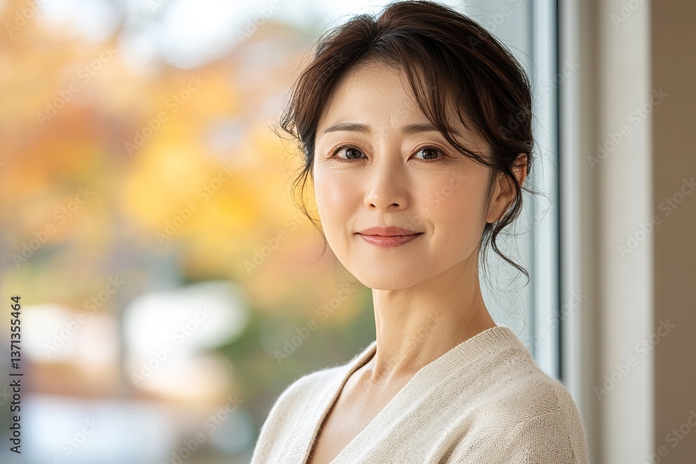A senior Korean woman with a serene expression, wearing a simple sweater, stands by a window with autumn foliage in the background A senior Korean woman with a serene expression, wearing a simple sweater, stands by a window with autumn foliage in the background