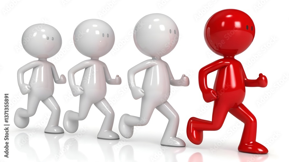 3D illustration of a red leader figure running ahead of white human figures, showcasing the concept of leadership, standing out and achieving success in teamwork 3D illustration of a red leader figure running ahead of white human figures, showcasing the concept of leadership, standing out and achieving success in teamwork