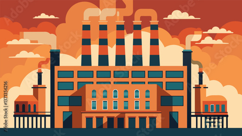 A massive building with rows of tall smokestacks churning out energy with the help of steam coal.. Vector illustration