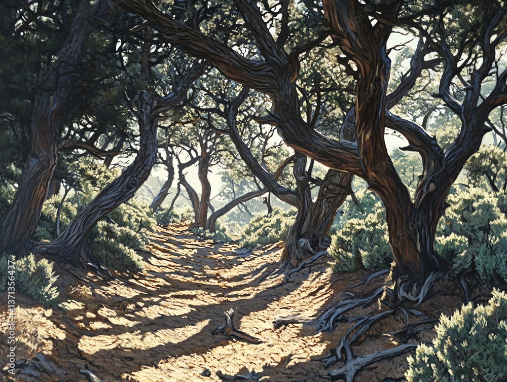 Obraz premium Walking a Shady Forest Trail with Rustic Trees and Sunlight