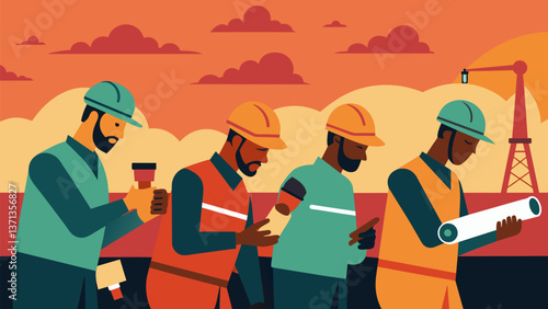 A line of workers in hard hats cautiously drawing samples from a pipeline carrying crude oil with the sun setting behind them.. Vector illustration