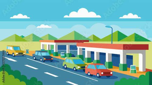 A line of vehicles waiting in an orderly fashion at a selfservice gas station in the countryside.. Vector illustration