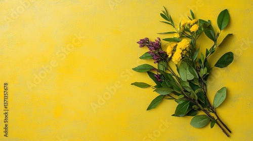 Festive Yellow Glitter Background with Bright Bouquet of Yellow and Purple Flowers