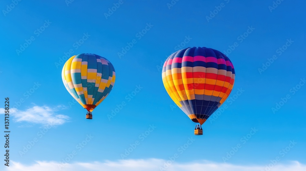 Fototapeta premium Hot Air Balloons Two vibrant High-resolution photography Wide shot Ascending flight Clear blue sky Bright cheerful Travel adventure