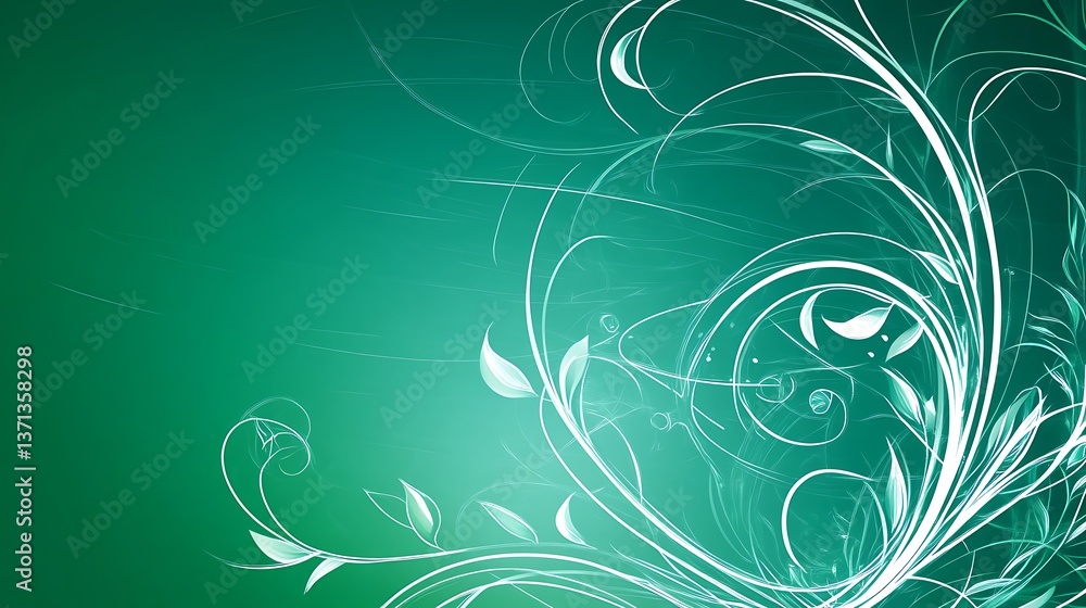 White floral swirls and leaves adorn a teal and green gradient background