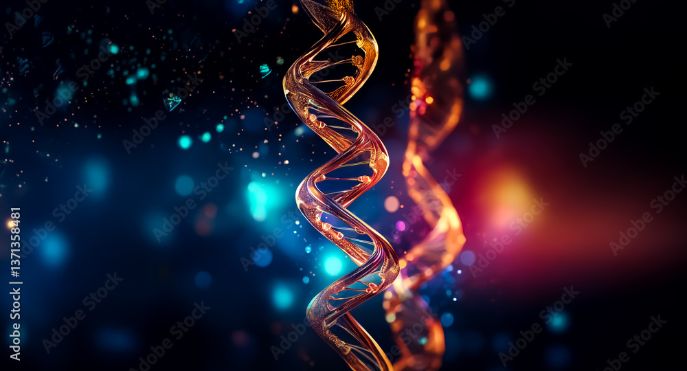 Obraz premium Abstract helix strands intertwine against a dark backdrop with bokeh lights, creating a science and technology aesthetic.