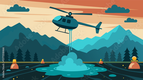 A helicopter spraying chemicals over the coal ash waste ponds attempting to neutralize the toxic sludge.. Vector illustration