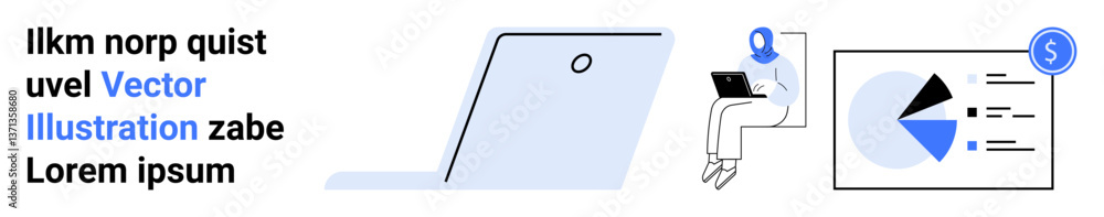 Laptop, person working remotely, financial data chart, blue abstract design elements, dollar sign. Ideal for business, analytics, remote work, productivity finance presentations simple landing Laptop, person working remotely, financial data chart, blue abstract design elements, dollar sign. Ideal for business, analytics, remote work, productivity finance presentations simple landing