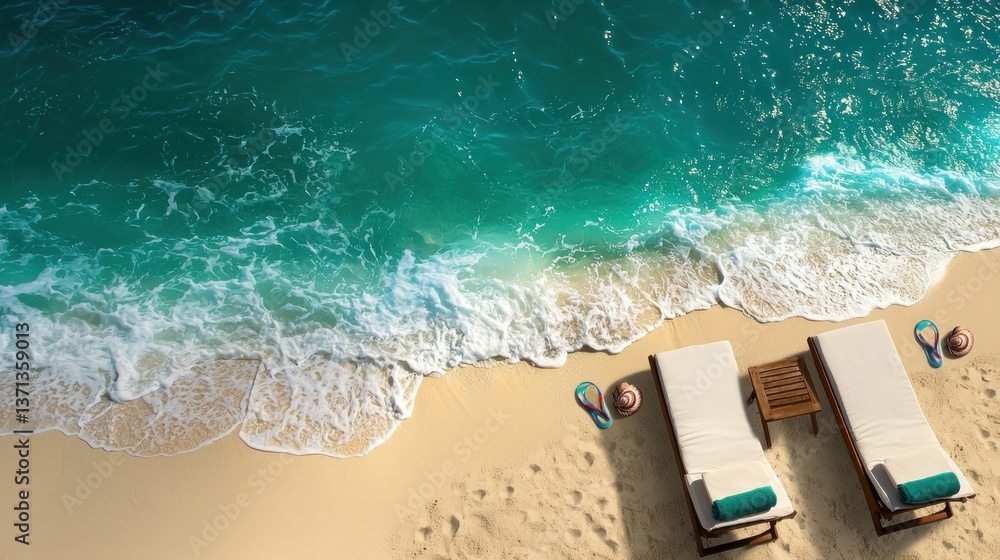 Naklejka premium Serene beach scene with loungers and gentle waves lapping at the shore under a clear sky