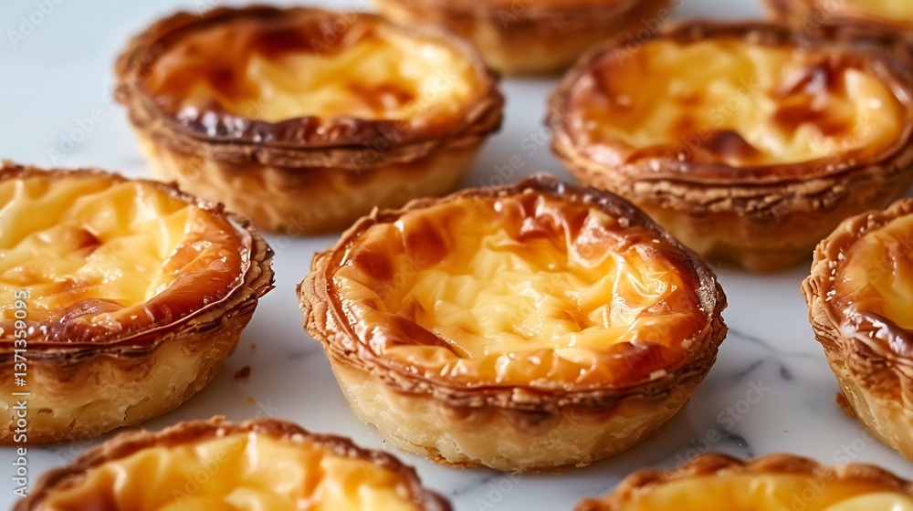 Portuguese pastel de nata custard tart crisp crust plated in rows on white background Portuguese pastel de nata custard tart crisp crust plated in rows on white background