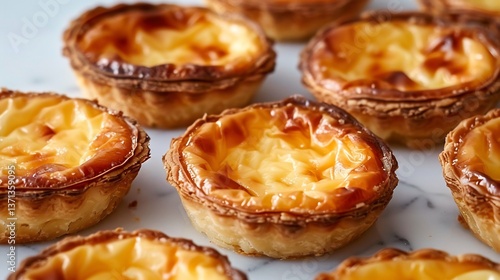 Wallpaper Mural Portuguese pastel de nata custard tart crisp crust plated in rows on white background Torontodigital.ca