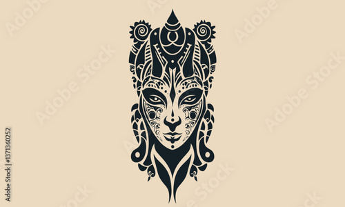 Intricate tribal face design with elaborate patterns on light background, vector