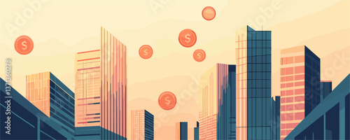 Money in the city skyline with floating coins at sunset, vector