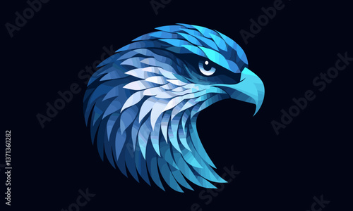 Majestic blue eagle head with intricate feather details on dark background - vector