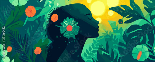 Silhouette of woman in lush tropical foliage with flowers - vector