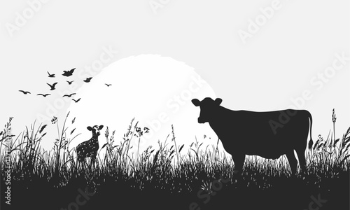 Silhouetted cow and fawn in field at sunset with birds flying - vector