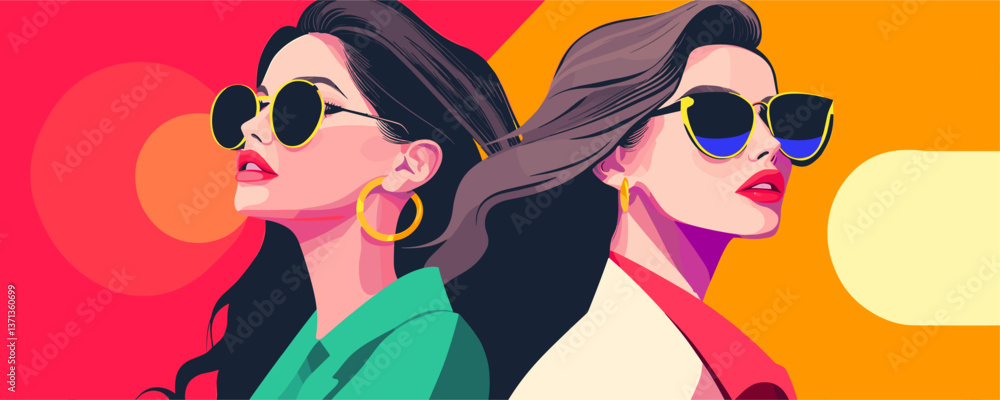 Stylish women with sunglasses against colorful background, retro fashion art, vector Stylish women with sunglasses against colorful background, retro fashion art, vector