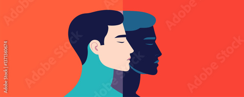 Dual-faced abstract portrait on split background - vector