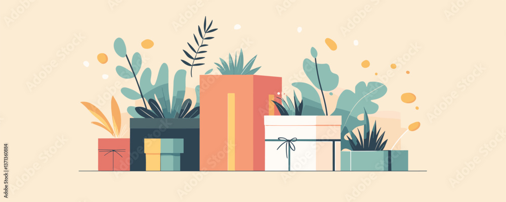 Fototapeta premium Colorful gift boxes with plants in a stylish arrangement - vector
