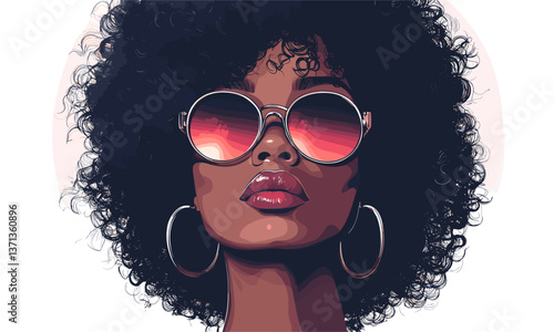 Stylish woman with afro hair and sunglasses in artistic portrait – vector