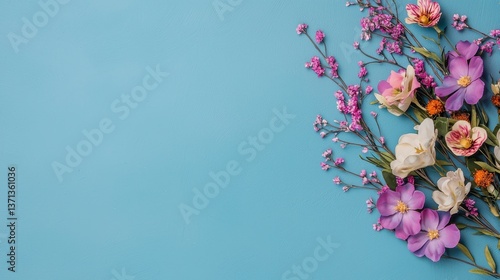 Floral Flat Lay Featuring Pink and Purple Flowers on Light Blue Textured Background