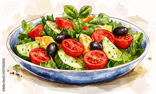 Fresh mediterranean salad with olives, tomatoes, and cucumbers in blue bowl – vector
