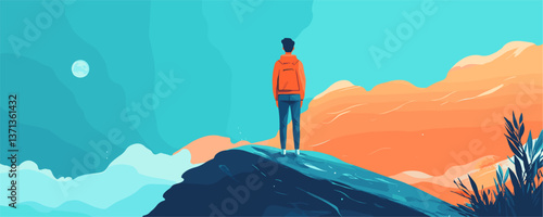 Person in red hoodie standing on mountain top at sunset with blue sky and clouds, vector