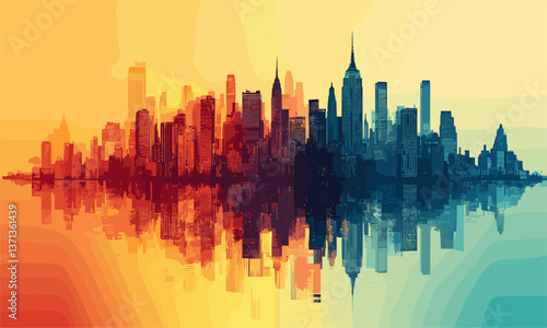 Colorful urban skyline reflection at sunset in abstract style, new york city vector