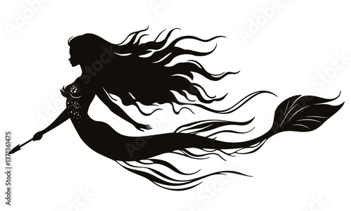 Elegant mermaid silhouette with flowing hair and tail holding a trident, vector