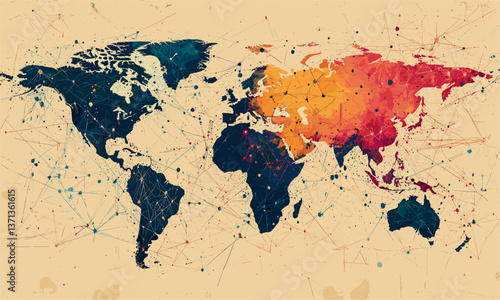 Artistic world map with colorful geographic network connections - vector