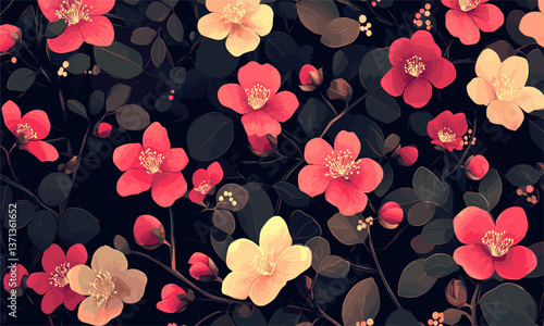 Wallpaper Mural Seamless pattern of pink and yellow flowers with green leaves on dark background, vector Torontodigital.ca