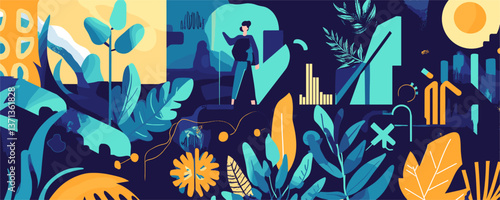 Abstract nature scene with human figure in vibrant colors, vector