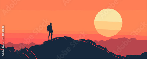 Silhouette of a hiker on mountain at sunset with sun on horizon, minimalist style vector