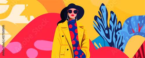 Fashionable woman in stylish outfit with sunglasses and hat on colorful abstract background vector