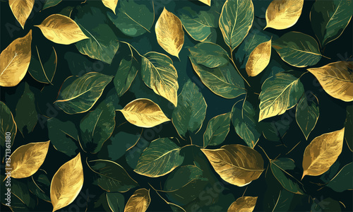 Elegant gold and green leaves pattern design on dark background - vector