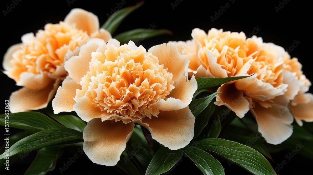 Close-up view of three peach-colored peonies with lush green leaves against a black background Close-up view of three peach-colored peonies with lush green leaves against a black background