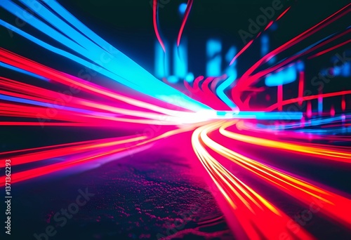 Vivid lines and waves of bright hues swirl together in a dynamic composition, evoking a sense of energy and motion amidst the darkness of night Generative AI