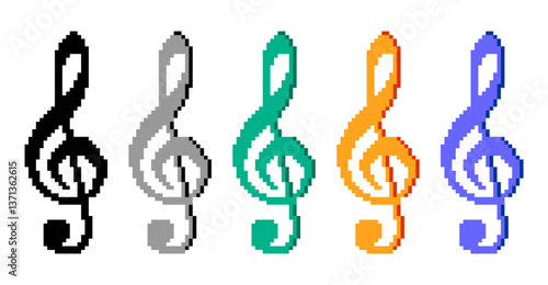 Pixel art of music notation symbol in different color. Pixelated music notation icon.  