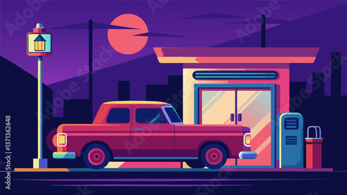 A classic pickup truck getting a fresh tank of gas under the neon lights of a retro fueling station.. Vector illustration