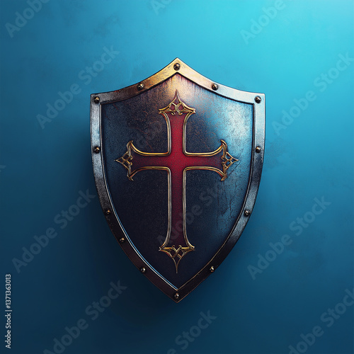 Medieval crusader shield with red cross hanging on blue wall