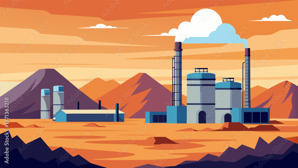 A desert landscape dotted with rows of tall towers and storage tanks representing a carbon capture and storage facility for a large industrial. Vector illustration