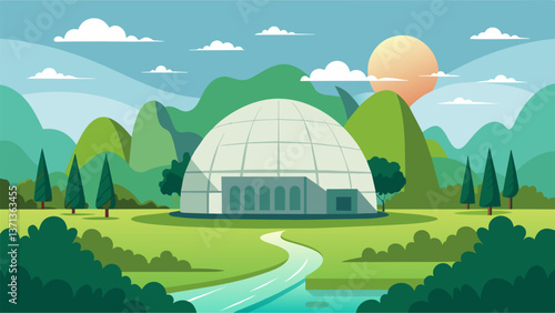 A large domed structure surrounded by lush greenery and a peaceful landscape providing a stark contrast to the potentially disastrous consequences of. Vector illustration
