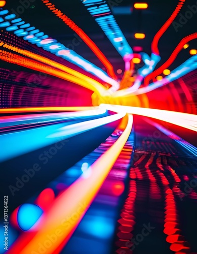 Bright, flowing lines form intricate patterns in a captivating tunnel filled with energy and luminescence, evoking a sense of movement and depth in the night Generative AI