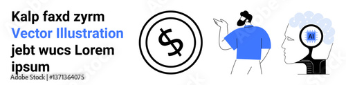Man gesturing at dollar coin in circle next to human head profile with brain and AI indicator. Ideal for finance, AI, human-machine interface, innovation, productivity, decision-making, abstract line