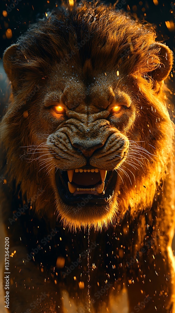 Naklejka premium Roaring lion portrait wildlife powerful closeup animal high resolution hd image
