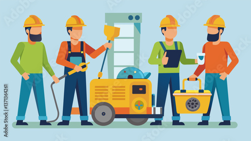 A group of construction workers operate their power tools with ease and efficiency thanks to the reliable portable gas generator standing nearby.. Vector illustration