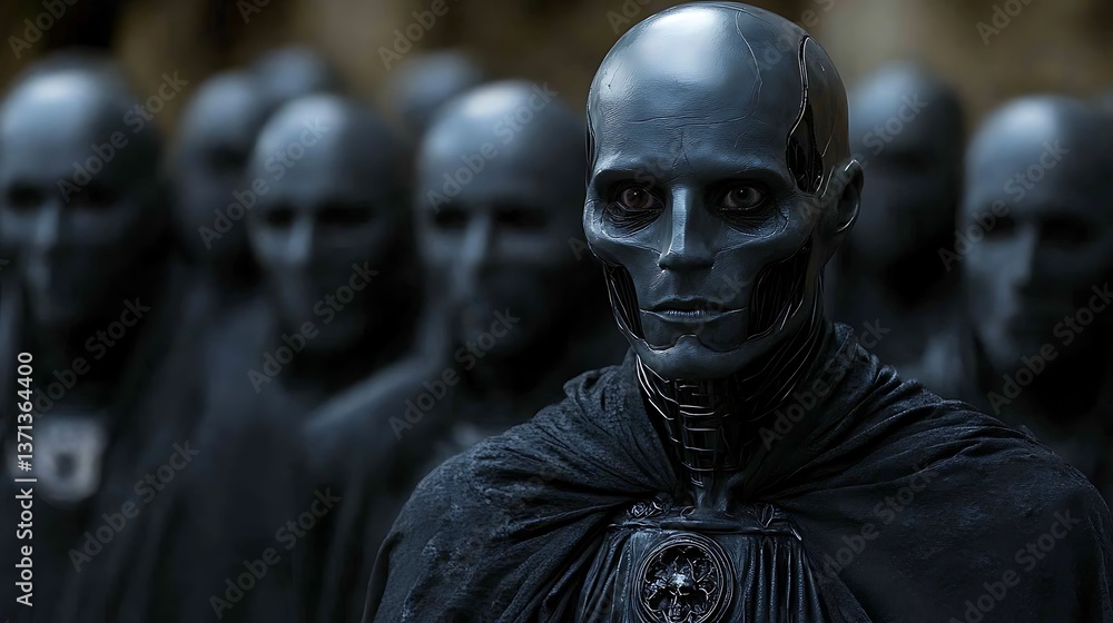 Grey robotic figures with dark background. Grey robotic figures with dark background.