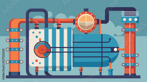 A closeup of a large heat exchanger with various pipes and gauges indicating the transfer of thermal energy being harnessed for reuse.. Vector illustration