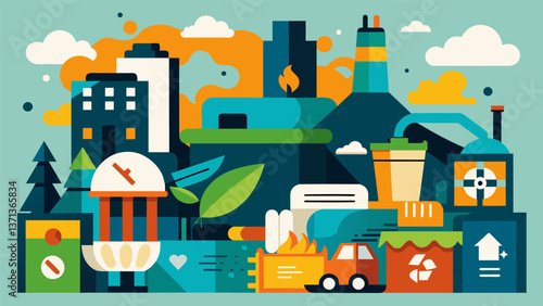 A collage of various types of waste ranging from plastics to paper all heading towards the incinerator for energy production.. Vector illustration